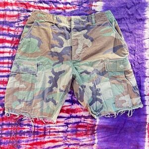 Green and Brown Cargo Shorts with Frayed Hem